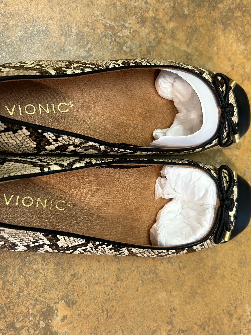 Vionic Klara Black & Snake-Print Ballet Flats with Bow - Picture 3 of 12